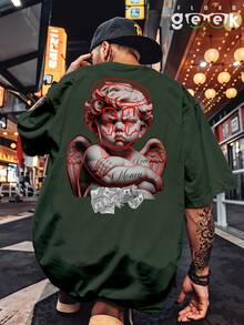 Shirt Oversized Streetwear Angel Money Dollar Cupid Angel Drawing Printed Anime REF 7177 FLUXOGEEK - xanh quân đội - Xem 1
