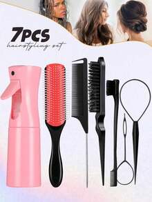 5/7pcs Hair Styling Tool Set, Includes French Braid Hair Ties, 9-Row Nylon Styling Brush, 200ml Continuous Spray Bottle, Detangling Brush, Edge Control Brush, Tail Comb, Long Steel Pin Tail Comb, Sectioning Comb, Hair Brush ,Hair Styling Kit ,Hair Tool Kit For Barber Salon Beauty Travel Essential Hair Products,Hair Cares,Hair Accessories - Multicolor - View 7