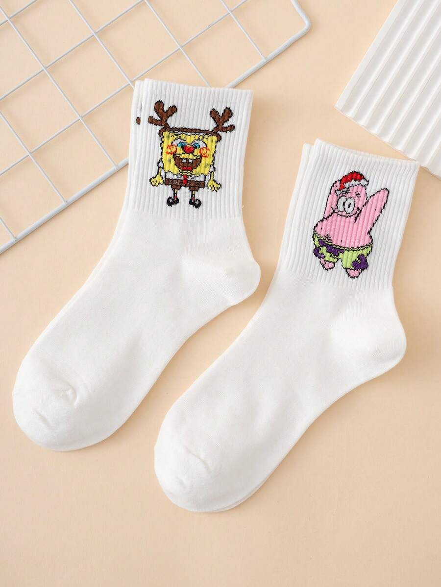 SpongeBob SquarePants 2 双男士趣味个性可爱圣诞多色提花海绵宝宝系列海星表情图案中筒袜，男女通用，运动装，四季皆宜，欧美尺码，舒适透气耐用，色彩鲜艳，适合日常穿着，优质面料，不闷热 - 彩色 - 查看 1