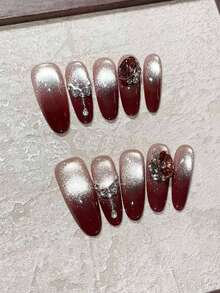 10片椭圆形酒红色法式美甲贴纸,饰有银色全息猫眼水钻和高品质星星点缀,适合鸡尾酒会、朋友聚会、约会等场合 - 可重复使用的手工指甲贴,配有迷你角质层推棒,美甲用品 - 紅色 - 查看 4