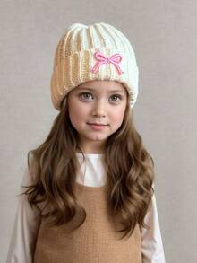 1pc Girls Embroidered Bow Knit Hat, Fashionable Toddler Girls Knit Hat For Autumn/Winter, Warm Knitted Baby Hat, White Children Knit Beanie