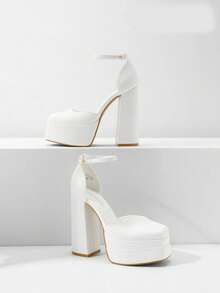 Women High Chunky Platform Closed Toe Block Heels Square Toe Ankle Strap Comfortable  Wedding Party Prom Festival Pumps Shoes - 白色 - 查看 5