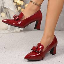 Simple Women's High Heels, Shiny Faux Leather Upper, Slip-On Thick Heel And Non-Slip Design, Suitable For All Formal Occasions, Dates, Parties, Local Warehouses - 紅色 - 查看 2