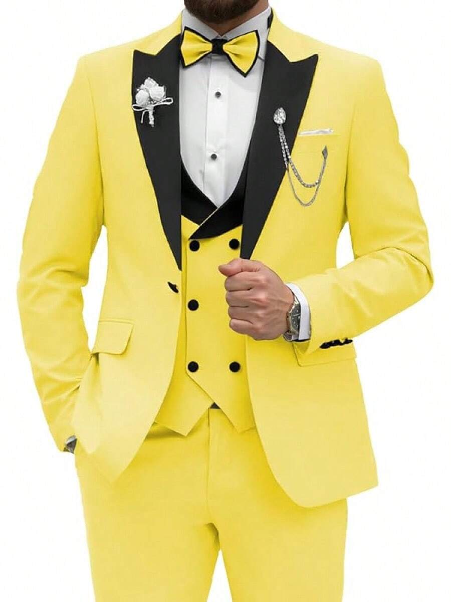 2026 Men's Casual Blazer & Pant Set Men's Tuxedo Suit 3 Piece Slim Fit Suit For Men Tuxedo For Men Wedding Party Dinner Prom Relaxed Stretch Fit For Smart Casual Events - 黃色 - 查看 1