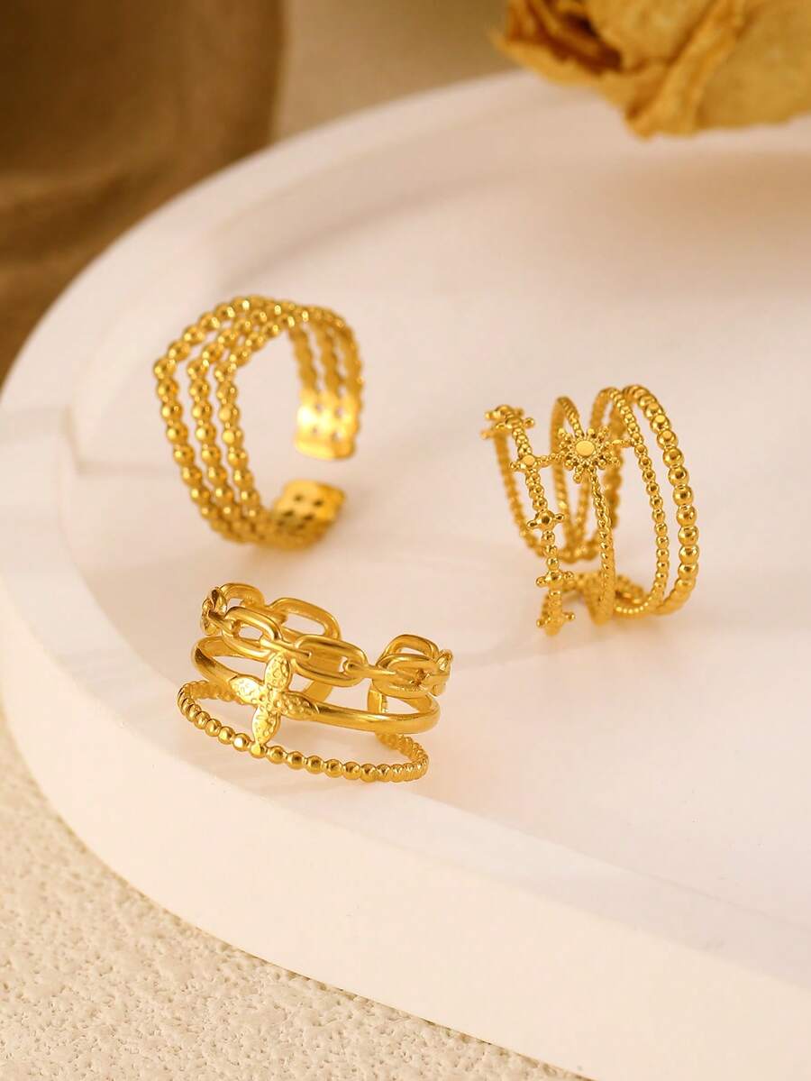 3pcs/Set Stainless Steel Leaf Line Decor Rings, Fashionable & Versatile For Everyday Wear