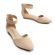 Women Flats Ankle Strap Pointed Toe 1-Inch Low Wedge Heel Flats Fashion Classic Dress Shoes For Wedding Daily Commute - 杏色 - 查看 5