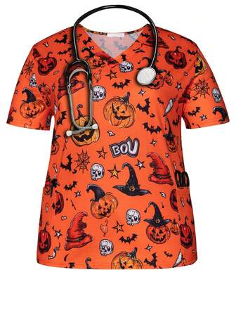 Blusas de uniforme de enfermera con bolsillos, de manga corta, cuello en V, con estampado de calabazas y diseños de Halloween, para mujeres de talla grande, para primavera y verano
