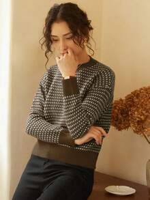 Knit Mix 女士条纹针织衫，适合秋冬季节穿着，休闲撞色长袖上衣，完美搭配春季、圣诞节、新年、情人节等各种场合，展现优雅复古风情，是返校季和秋季时尚的理想之选。 - 棕色 - 查看 7