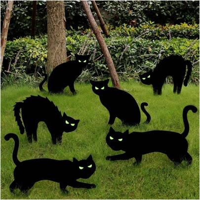 Halloween Outdoor Decorations, 6-Piece Black Cat Decorative Yard Sign With Stakes, Scary Silhouette With Glow-In-The-Dark Eyes, Corrugated Plastic, Waterproof Lawn Decorations, Perfect For Halloween Home Parties Halloween Garden Decorations