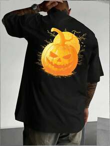Pumpkin Graphic Tee Shirt , Men's Double-Sided Printed Fashionable Casual Crew Neck 220gsm Pure Cotton T-Shirt(1 PC) - Black - View 3