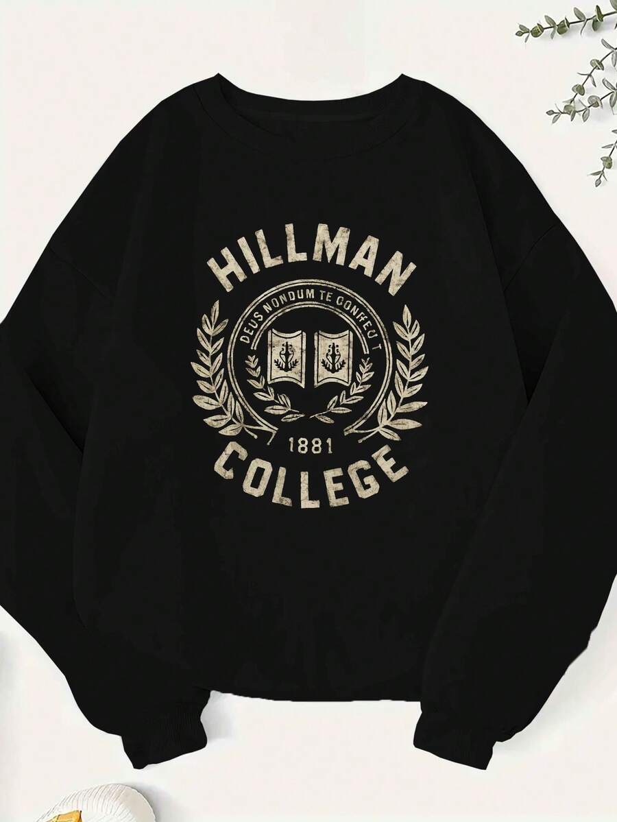 Hillman Women's Plus Size College Style Logo 250g Casual Sweatshirt - Vibrant Red Gold Letter Print, EST1883 Design, Long Sleeve Crew Neck Pullover, Autumn Winter Style, Machine Washable - 黑色 - 查看 1