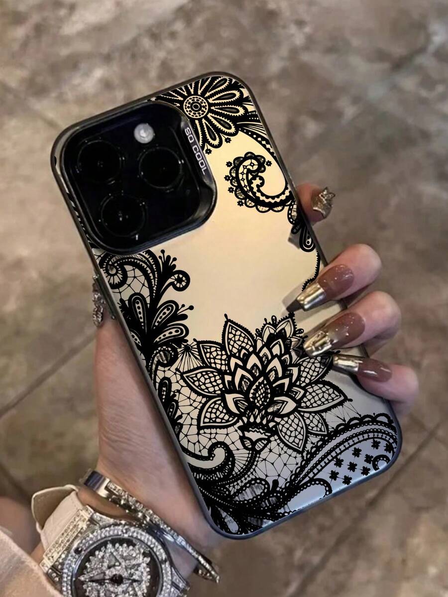 1 件性感蕾丝图案设计 IMD 电镀手机壳,适用于 11、11 Pro、11 Pro Max、12、12 Pro、12 Pro Max、13、13 Pro、13 Pro Max、14、14 Pro、14 Plus、14 Pro Max、15、15 Pro、15 Plus、16、16 Pro、16 Pro Max、16 Plus,优雅的电镀纽扣 - 黑色 - 查看 1
