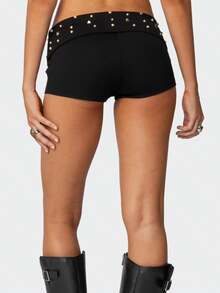 Women Studded Fold Over Shorts Y2k Low Waist Rivet Micro Shorts Slim Fit Boyshorts Goth Rave Mini Bottoms Party Clubwear - màu đen - Xem 3