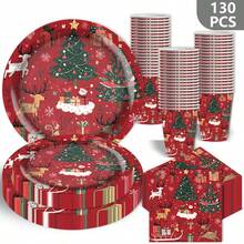 130pcs Red Christmas Disposable Tableware Set, Including 30 Paper Cups, 30 7-Inch Paper Plates, 30 9-Inch Paper Plates And 40 Paper Napkins, Perfect For Camping, Patio Barbecues, Picnics,Weddings,Christmas, Parties And Birthdays, Suitable For Party Decorations, Home Decorations, Birthday Decorations, Birthday Party Decorations,