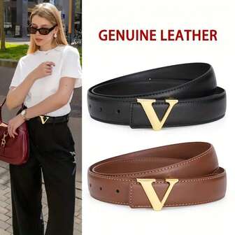 2個 女性用ベルトのゴールドバックルがVの形状 - 調整可能な黒とブラウンのベルト、デイリーユース、オフィシャルスタイル、パーティーに適しています - レトロな美学、洗練されたスタイル