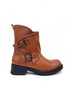 Bottines montantes style motard punk KESCA pour femme avec boucles, nouvelles bottines à talons bas pour l'automne et l'hiver, bottines  pour une tenue décontractée - Camel - Voir 7