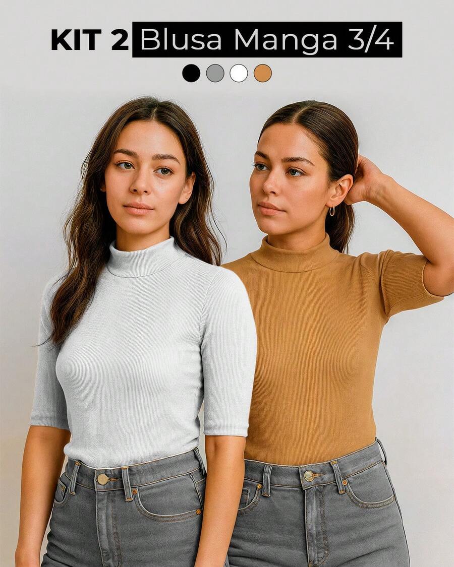 Kit 2 Women's Blouse High Neck Ribbed Premium 3/4 Sleeve Basic Elegant Comfortable Classic And Timeless Women's Fashion Ideal For Work Everyday Or Going Out Combines With Jeans Skirt Or Shorts Versatile Style Essential Piece That Enhances The Look With Comfort And Quality - 白色+裸色 - 查看 1