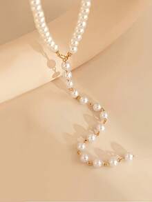 1pc Bohemian Style Fashion Minimalist Versatile Creative Faux Pearl Beaded Tassel Y-Necklace - White - View 3