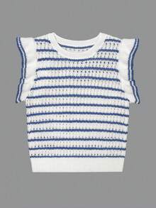 Women's Crochet Knit Striped Sweater Vest Lightweight Crewneck Ruffles Cap Sleeve Top Nutmeg Color  Striped  Colorblock    Casual    Rib-Knit  Ruffle    Vacation - Blue and Multi-color - View 5