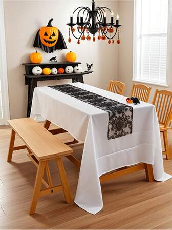 1pc-Black Lace Skull Printed Tablecloth, Halloween Party Tablecloth Decoration, Suitable For Horror-Themed Bar Decoration, Home Decoration, Table Decoration