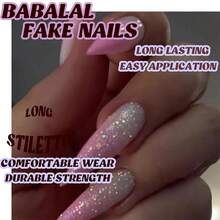 Pink Nails Press On Long Stiletto Fake Nails Glitter Bling Glue On Nails 24Pcs Glossy Acrylic Nails Manicure Stick On Nails Almond Shiny Artificial Nails - 多色10 - 查看 7