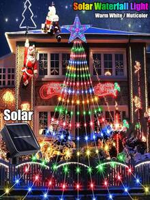 Solar Waterfall String Lights,Christmas Tree Lights Outdoor Waterproof,Garden Light String ,9 Strands,2m 200leds 3m 290leds Christmas Tree With Topper Star Lights String ,8 Modes Atmosphere Light, Fairy Lights For Garden, Wedding, Tree, Wall, Party Christmas Decoration(Warm White/Multicolor)