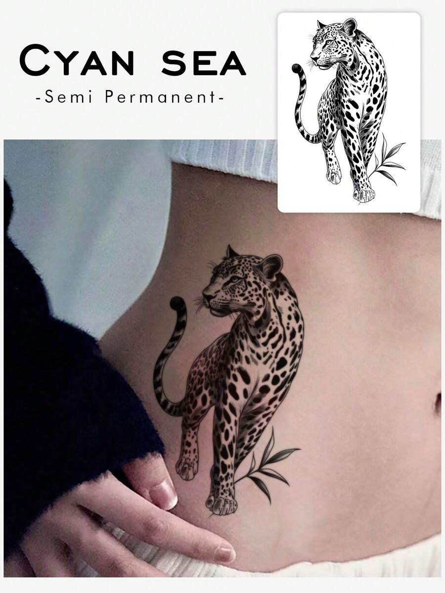 持续7-14天。草本临时纹身贴。1张PVC孤兽、大豹、凶猛冷眼纹身贴。防水防汗。适合时尚人士日常使用。 - 黑色 - 查看 1