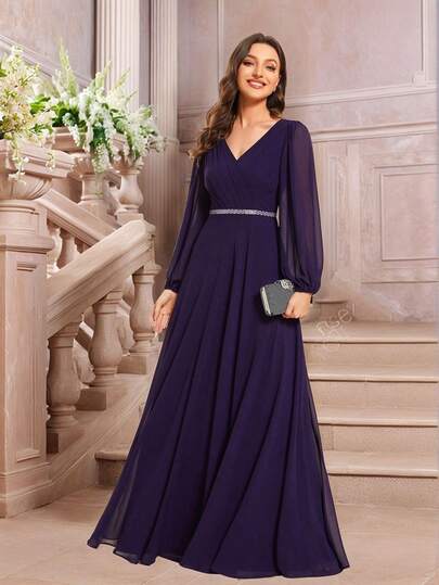 EVERPRETTY فستان وصيفة العروس أنيق أرجواني غامق من الشيفون مع نعاسات لامعة لأكمام فانوسية ياقة V ، فستان متوسط الأكمام ، ثوب ضيف الزفاف، فستان رسمي لحفل الزفاف