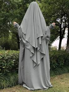 1 Set de Hiyab musulmán de doble capa elegante con buena privacidad, suave y cómodo + Vestido musulmán con diseño de manga elástica, Abaya clásica y versátil (Vestido + Hiyab)
