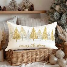 1pc Christmas Minimalist Golden Christmas Tree & Snowflake Decorative Pillow Cover, Single-Sided Soft Peach Velvet Fabric, 30*50cm/40*60cm Cushion Cover For Modern Sofa, Indoor Decor, Party Decoration, Gift