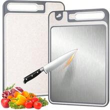 2 IN 1 Tabla de Cortar de Acero Inoxidable, Tablas para Picar Cocina de Doble Cara, Antiaraazos, Anticorrosin, Inoxidable 304 y Paja de Trigo PP sin BPA, con Afilador de cuchillos - Plateado - Ver 2