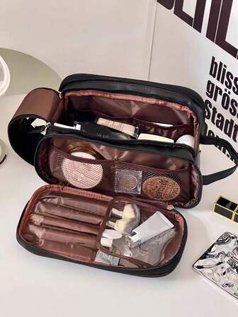 2025 New Makeup Bag PU Multi Functional Double Layer Large Capacity Portable Travel Makeup And Wash Bag With Handle Women's Supplies Storage Bag Fashion Leisure Storage Bag Daily Travel Makeup And Skincare Products Double Zipper Handheld Retro Bag