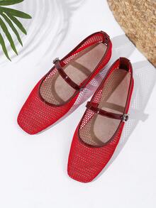 Giày ba lê lưới cho nữ, mũi vuông thoáng khí, đế mềm thoải mái thời trang - Đỏ - Xem 4
