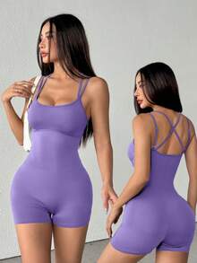 Summer Casual Solid Color Sleeveless Sports Romper - Purple - View 10