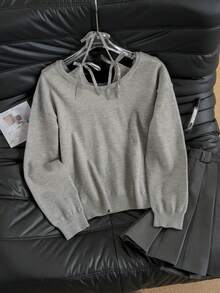 女士休闲灰色蝴蝶结系带露肩宽松针织毛衣，甜美温柔，适合冬季、圣诞节、春节、新年 - 灰色 - 查看 5