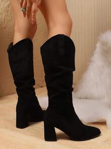 Women's Khaki Over-The-Knee Boots, 2025 Autumn/Winter New Arrival, Pointed Toe Faux Suede Pleated Slip-On Chunky Heel Tall Boots, Western Boots, Versatile For Commuting & Daily Wear, Plus Size - Black - View 3