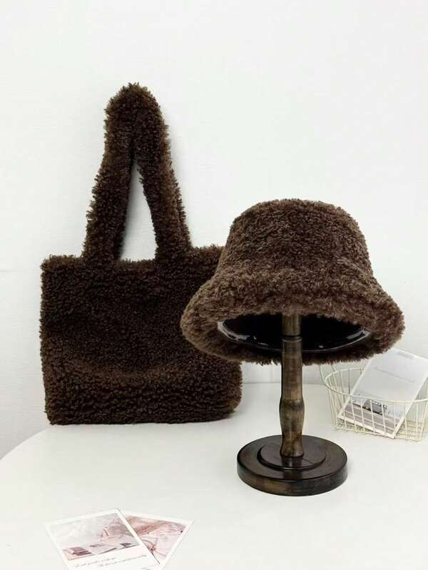 2pcs Hat + Bag Set: Fluffy Bucket Hat & Compact Shoulder Bag, White, Suitable For Autumn/Winter Winter Warm