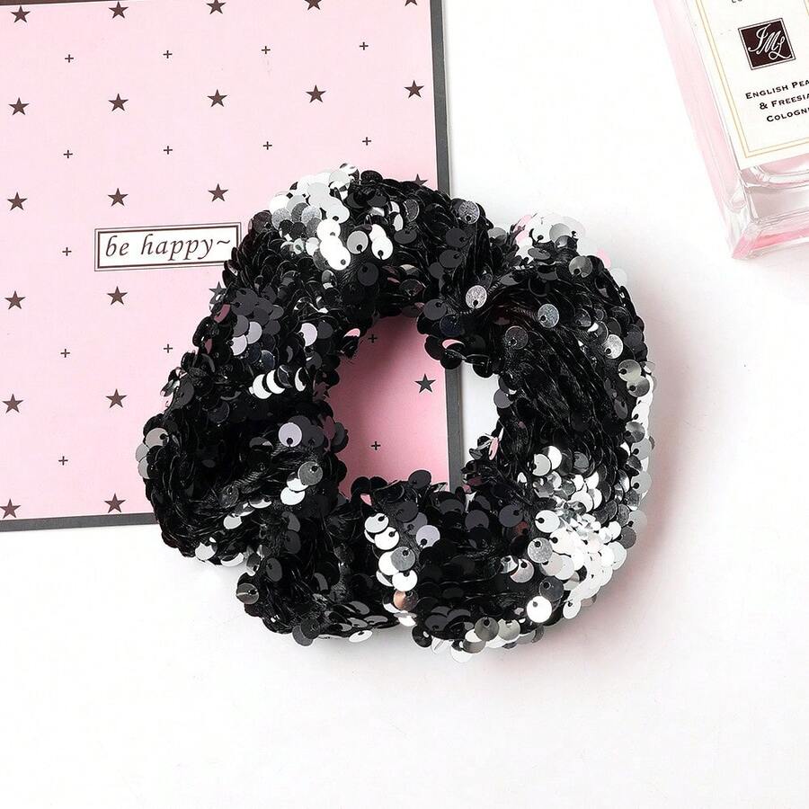 1pc Oversized Shiny Sequin Scrunchie Hair Accessory, Elegant Women Headwear ,Hair Ties ,Scrunchy Hair Ties ,Beauty