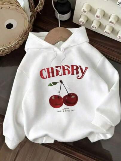 Sudadera Blanca con Capucha para Dama Estilo Juvenil con Estampado de Cerezas y Letras Rojas CHERRY