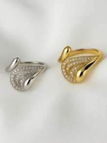 2pcs Elegant And Simple Heart Women's Rings, Luxury Niche Design With 18k Gold 925 Silver - 金色 - 查看 5