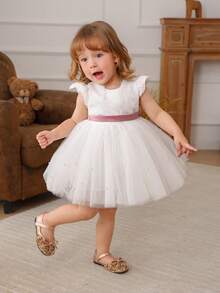 女婴蕾丝边盖袖薄纱蝴蝶结派对公主裙，优雅正式礼服，适合宝宝 1 岁生日、婚礼、派对、节日庆典 - 白色 - 查看 9