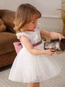 女婴蕾丝边盖袖薄纱蝴蝶结派对公主裙，优雅正式礼服，适合宝宝 1 岁生日、婚礼、派对、节日庆典 - 白色 - 查看 5