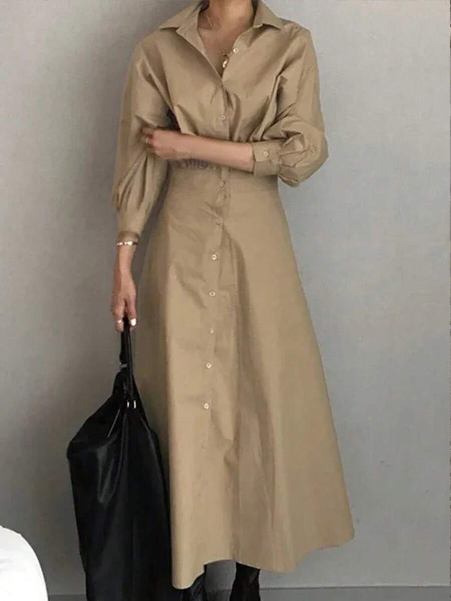 女士优雅纯色长袖衬衫裙，梭织面料，适合度假、办公、日常穿着，春夏皆宜 - 卡其色 - 查看 1