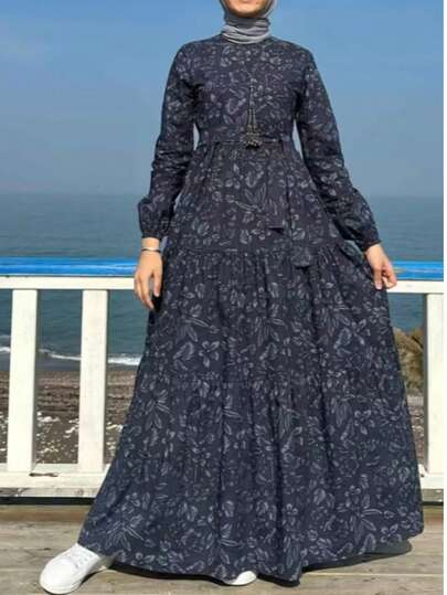 Women's Long Sleeve Woven Fabric Pullover Robe, Small Round Neck, Floral Print, Pockets With Belt, Back Zipper, Comfortable Full Length Jalabiya Dress, Flared Skirt