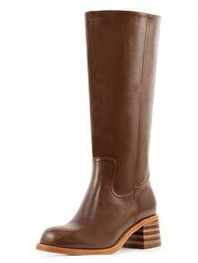 Wide Calf Brown PU Knee High Campus Boots For Women, Square Toe Chunky Block Low Heel Vintage Long Boots For Holiday - 棕色PU - 查看 3