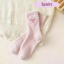 5 Pairs Of Women's Plush Bow Mid-Calf Socks Winter Fleece-Lined Thick Warm Sleep Socks Pink Set