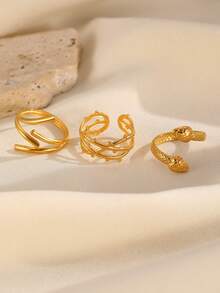 3pcs/Set Fashion New Striped Texture Leaf & Snake Decor 18K Gold Plated Stainless Steel Adjustable Open Ring Set, Casual Versatile Vintage Style Jewelry For Women, Suitable For Daily Wear
