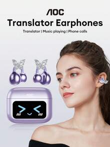 AOC ACD3521 Fashionable Bluetooth Earphones With Butterfly Earphone Accessories, Clip-On Earphones, AI Smart Translation Earphones, Touchscreen, Multifunctional Color Screen, Multilingual, HIFI Sound Quality, Business, Learning, Translation, Music, Gaming, Sports, No Ear Piercing, Fashionable Earrings, Women's Gift
