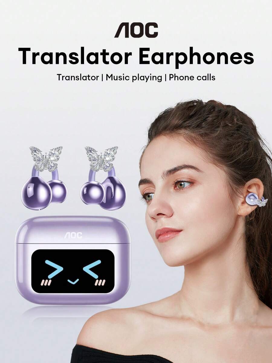 AOC ACD3521 Fashionable Bluetooth Earphones With Butterfly Earphone Accessories, Clip-On Earphones, AI Smart Translation Earphones, Touchscreen, Multifunctional Color Screen, Multilingual, HIFI Sound Quality, Business, Learning, Translation, Music, Gaming, Sports, No Ear Piercing, Fashionable Earrings, Women's Gift