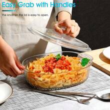 1 套优雅玻璃砂锅带盖，椭圆形烤盘，透明带盖炊具，多功能深玻璃食品容器，1800 毫升，用于烘焙、烹饪、烤箱和微波炉，适合甜点、鸡肉、意大利面，非常适合节日